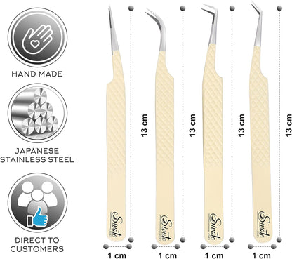 SIVOTE Fiber Tips Lash Tweezers for Eyelash Extensions, Set of 4, Curved, Dolphin, 90 Degree & 45 Degree Tweezer, Vanilla