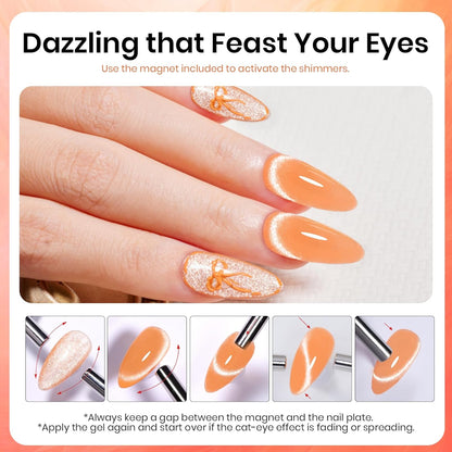 Beetles Orange Cat Eye Gel Polish, 15ML Orange Cat Eye Glitter Gel Polish with Magnet Soak Off UV Shimmer Velvet Gel Twilight Glow Series French Nail Art Design Manicure Gifts for Women