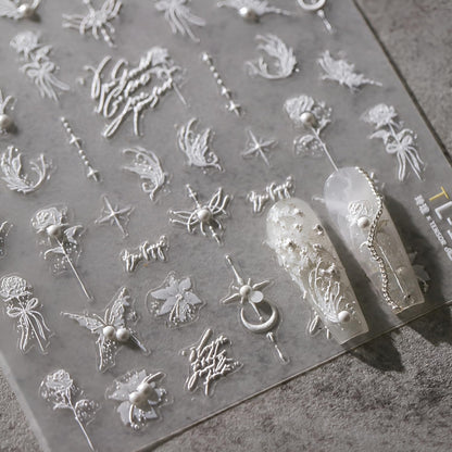 5D Embossed White Butterfly Flower Nail Stickers for Nail Art White Moon Star Nail Art Stickers White Nail Decals with Pearl Design Spring Summer Nail Supplies for Women Girls