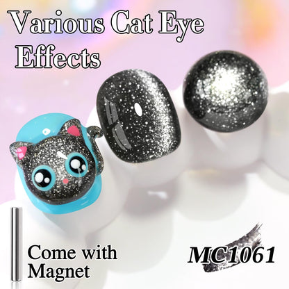 Double Rhythm Jelly Glass Cat Eye Gel Polish with Magnet 15ML Holographic Glitter Shimmer Translucent Sheer Color Magnetic Nail Polish Salon DIY at Home (Black Glitter-MC1061)