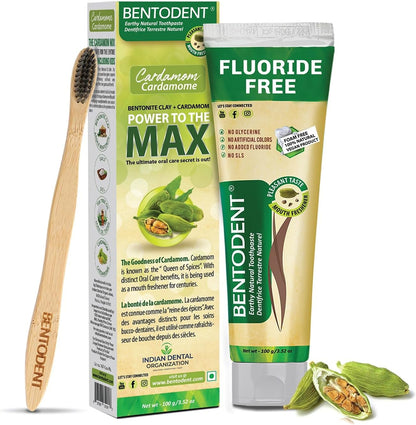 BENTODENT Fluoride Free Remineralizing Calcium Bentonite Clay Toothpaste - Cardamom Flavor Natural Toothpaste, Mint-Free, 3.52 oz - Ideal for Sensitive Teeth & Whitening with Toothbrush
