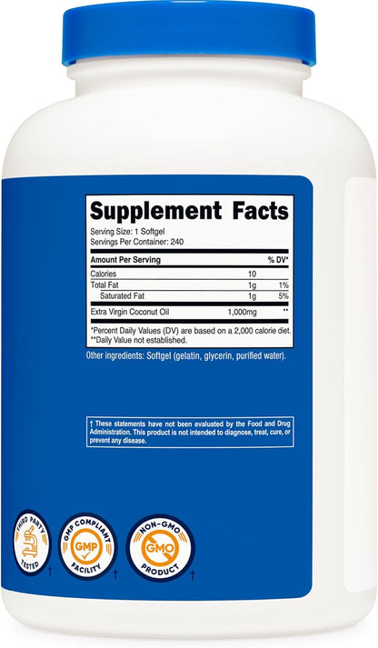 Nutricost Coconut Oil Softgels (1000mg) 240 Softgels - Extra Virgin Coconut Oil - Gluten Free and Non-GMO