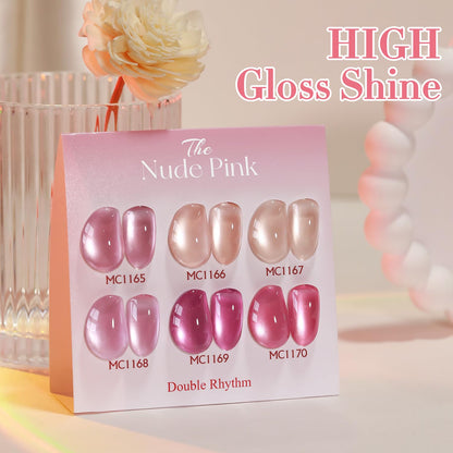 Double Rhythm Cat Eye Gel Nail Polish Set of 6 Same Color Same Bottle 0.5 Oz Shimmer Glitter with Magnet Holographic Reflective Magnetic UV Nail Polish Kit at Home (Nude Pink Rose-T6-30)
