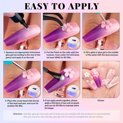 3D Nail Charms, Butterfly White Pink Flower Starry AB Gemstones Caviar Beads Half Round Pearl, Flat Back Glass Crystal AB + Transparent Clear Round Rhinestones for Nails with Pickup & Dotting Tools