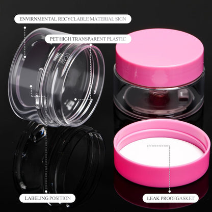 SATINIOR 24 Pieces Empty Clear Plastic Jars with Lids Round Storage Containers Wide Mouth for Beauty Product Cosmetic Cream Lotion Liquid Butter Craft and Food(Pink Lid,1 oz)