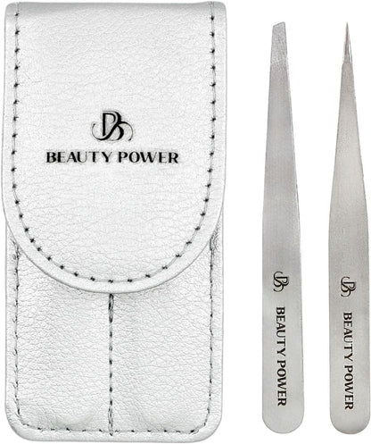 Professional Tweezers Set – Slant & Point, Ultra Precision German Stainless Steel Tweezers for Eyebrows, Chin, Ingrown Hair & Facial Grooming – Lightweight with Travel Case (Matte Grey)