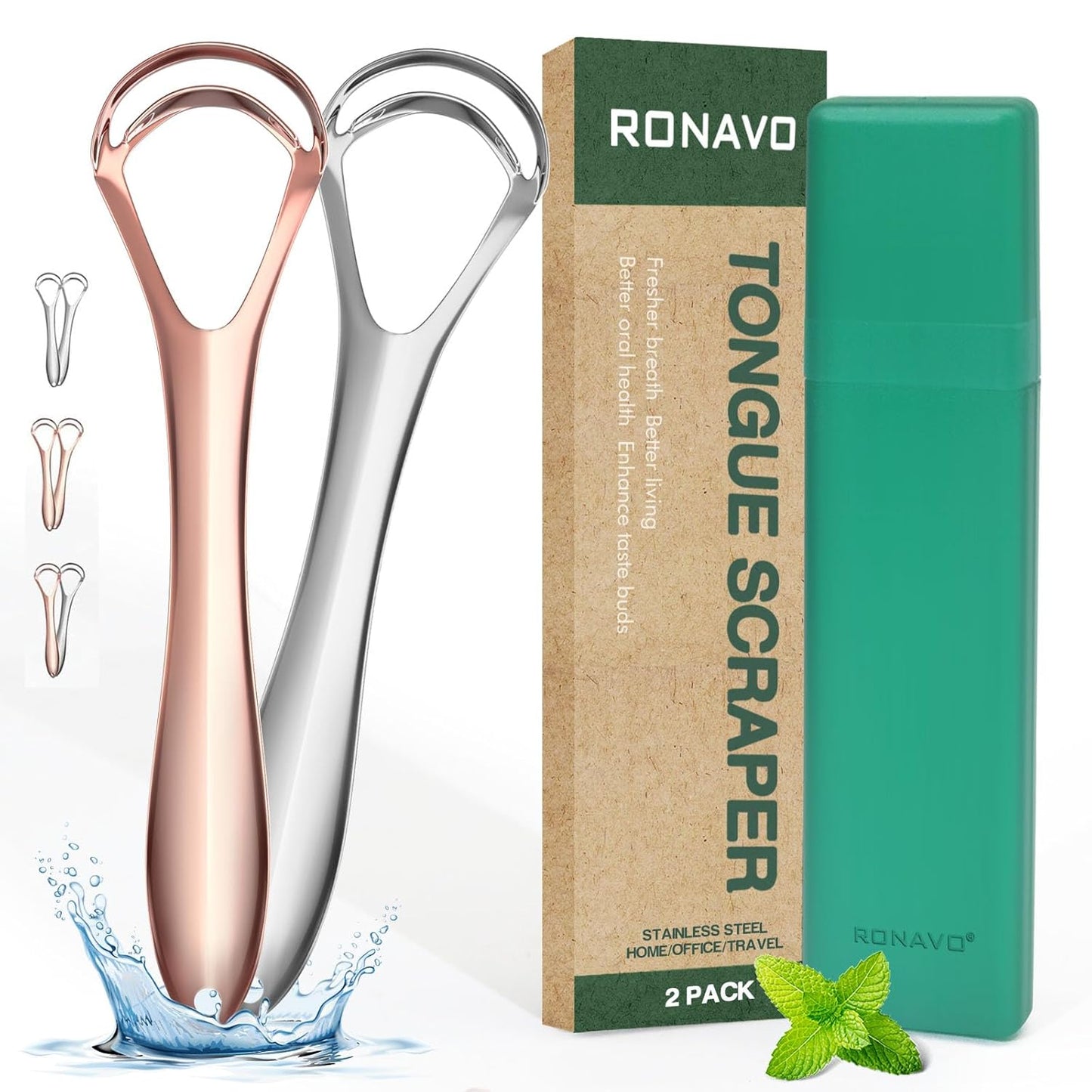 RONAVO Tongue Scraper for Adult with Thick Tongue Coating, Dual Scraper Design for Deep Clean Oral Care, Remove Bad Breath, for The Coffee Lover, Night Owls, Elderly, 2 Colors