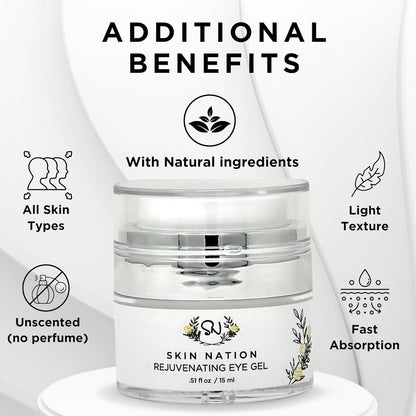 Skin Nation Rejuvenating Eye Gel, Super Hydrating with Peptides, Hyaluronic Acid and Green Tea, Lightweight Plant Based Under Eye Cream for Puffiness, Dark Circles and Smooth Skin, 0.51 oz