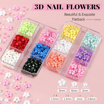3D Flowers, Manicure Kit with Gel Glue, Colorful Acrylic Flower Nail Charms & Caviar Beads, Rhinestones & Gem Glue (UV/LED Needed) with Pickup & Dotting Tools