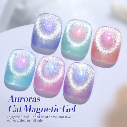 Born Pretty Auroras Cat Magnetic Eye Gel Nail Polish Set Shimmer Glitter with Magnet 9D Holographic Reflective Magnetic Nail Polish Kit Auroras Mermaid Green Blue Purple Pink Purple 6 Colors
