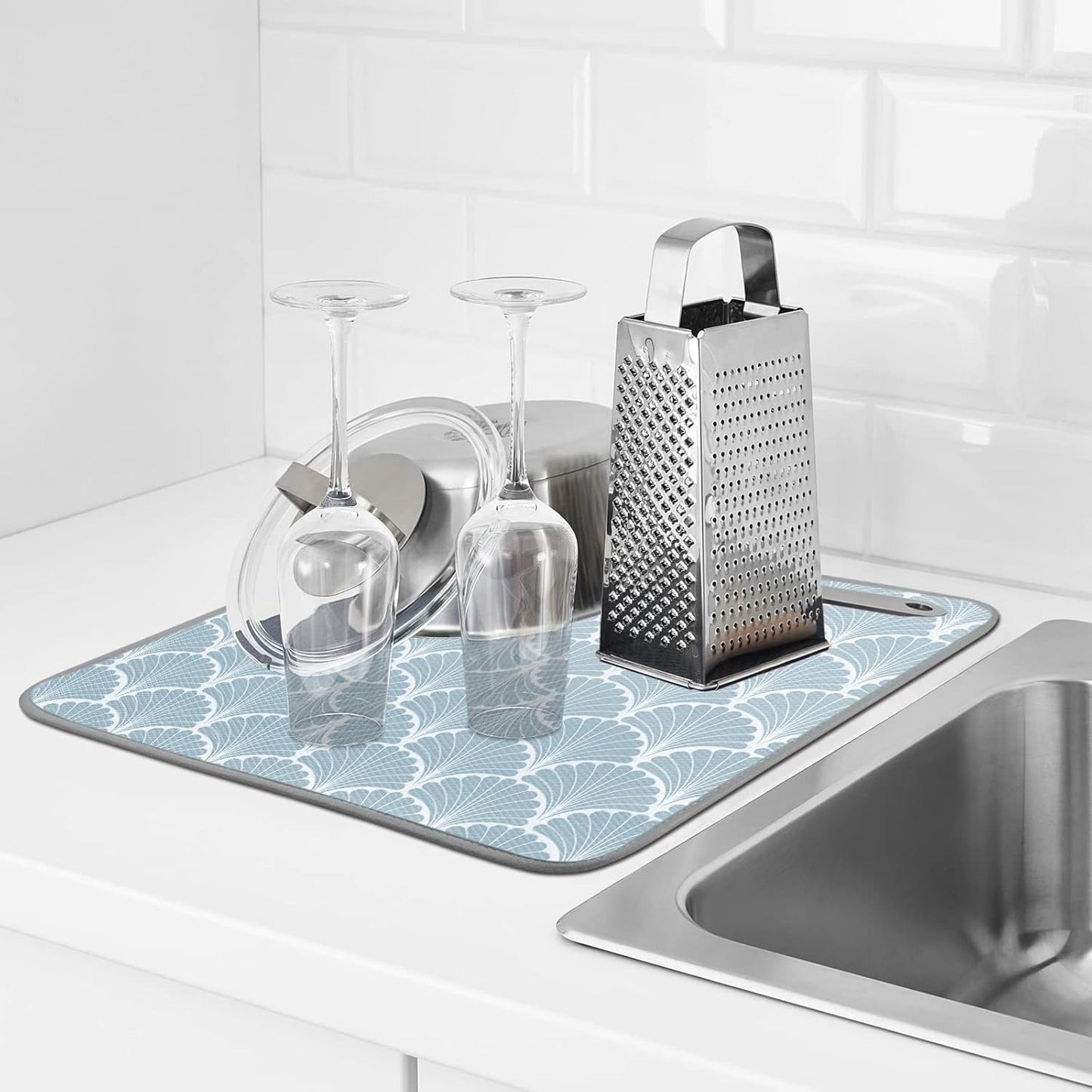 SHIYUE Dish Drying Mat for Kitchen Counter Super Absorbent Spring Kitchen Decor Microfiber Drying Matainers Rack Fast Pad Dish Drainer Mats(Aqua Blue Shell Geometric,16''x18'')