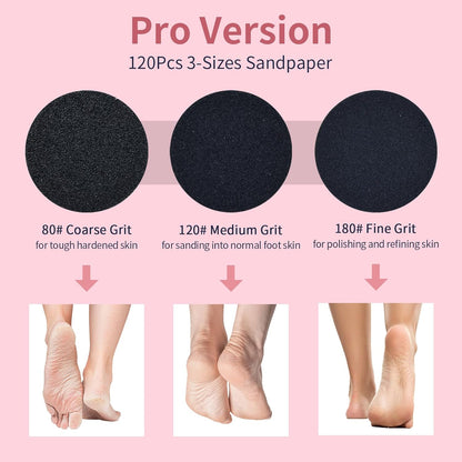 4.8IN Longer Electric Foot Callus Remover with 120pcs Sandpaper Discs, Professional Aluminum Callus Remover for Feet, Stepless Speed Control Pedicure Tools for Dead Skin (Black-pro)