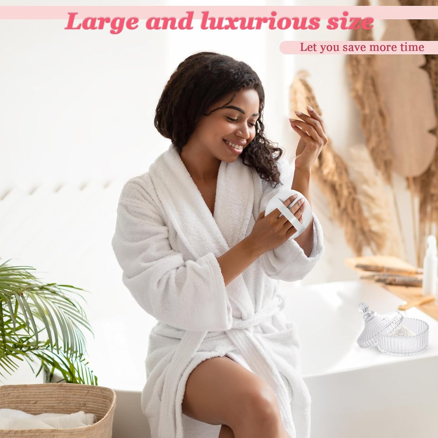 2Pcs Extra Large Body Powder Puff & Luxury 6" Glass Jar Dusting Powder Container with Puff for Women Bath Powder Puffs Perfect for Talcum or Loose Powder (White)