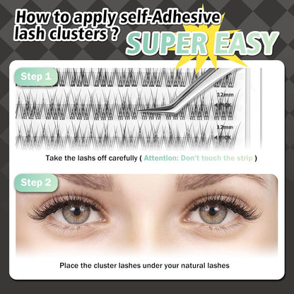 Self Adhesive Eyelashes, 156 Pcs Self Adhesive Eyelash Clusters, No Glue Needed, Invisible Band Lash Clusters - Longer Lasting, No Sticky Residue Pre Glued Eyelashes (Natural-Invisible Band)