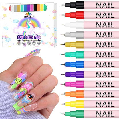 EBANKU 12 Color Nail Polish Pens Set 3D 0.5MM Nail Art Pen Quick-Drying Acrylic Paint Nail Art Point Dotting Liner Nail Pen for Beginner and professional Nail Art DIY Home & Salon