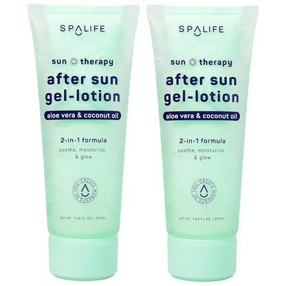 SpaLife After-Sun-Gel Lotion and Moisturizer for Sunburn Refelief - Two in One Formula, Infused with Aloe, Coconut Oil and Hyaluronic Acid - 2 Pack
