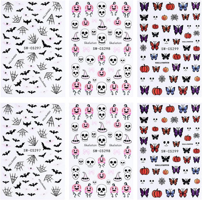 Halloween Nail Art Stickers Ghost Nail Decals 3D Horror Ghost Skull Spider Web Bat Pumpkin Butterfly Self-Adhesive Decals Designs Halloween Nail Supplies for Women Manicure Holiday Decorations 6Sheets