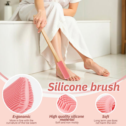 Long Handle Toe Gap Cleaning Brush+Body Shower Brush+Foot Grinder, Silicone Foot Scrubber for Shower, Feet Cleaner Scrub Foot Care for Seniors,Elderly, Men and Women,Pink