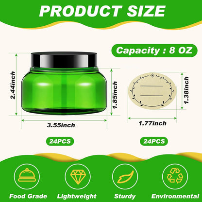 Tessco 24 Pack Plastic Jars with Lids Labels Empty Clear Plastic Jars Round Refillable Cosmetic Containers Body Butter Containers Bulk Sugar Scrub Bottle for Make Up(8 oz,Green, Black)