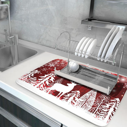 Merry Christmas Dish Drying Mats for Kitchen Counter 18x24 Inch Christmas Tree Kitchen Mat Reversible Absorbent Dish Drainer Farmhouse Dish Mats Drying Pad Dish Drainer Rack Mats for Winter Christmas