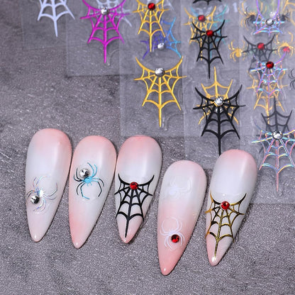 5Sheets 5D Embossed Nail Stickers, Halloween Spider Web with Rhinestone Design Self-Adhesive Nail Decals, White, Black, Rainbow, Gold, Laser Silver Nails Adhesive Sliders for Women Art Decorations