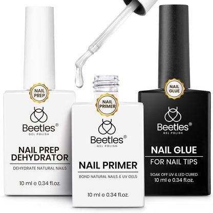 Beetles 3Pcs Gel Nail Glue Nail Dehydrator and Primer, Professional Nail Prep Acid-Free & Hema-Free Dehydrate Bond Primer 9 in 1 Gel Glue Kit for Press On Nails Nail Tips Nail Extension Gifts for Her