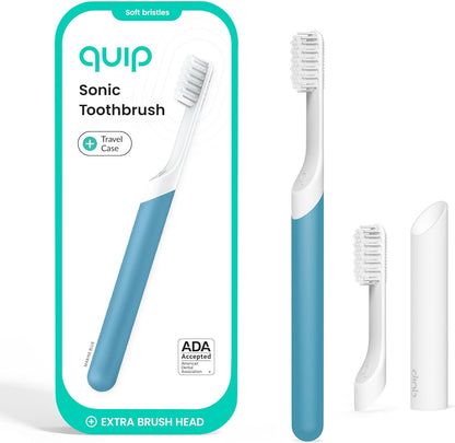 Quip Plastic Sonic Electric Toothbrush for Adults - Time Travel & Soft Bristles with Travel Case & Replacement Brush Head - 3 Month Battery Life - Marine Blue