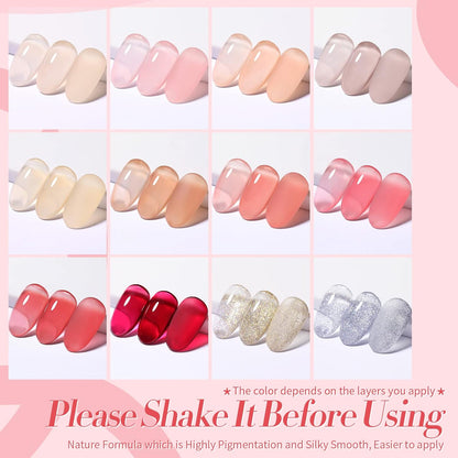 Born Pretty 28Pcs Jelly Gel Nail Polish Kit With U V Light 48W Nail Lamp 12 Colors Jelly Pink Nude Neutral Gel Polish Set with Base/Top Coat Manicure All-In-One Nail Gel Kit Ideal Gifts