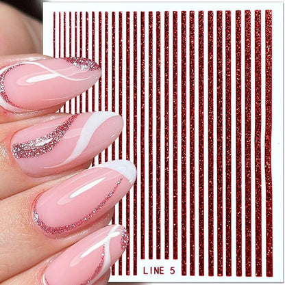 3D Glitter Lines Nail Stickers Holographic Nail Art Stickers Metal Stripe Nail Decals Self Adhesive Geometric Strip Line Nails Stickers Women DIY Nail Supplies,6 Colors/Set