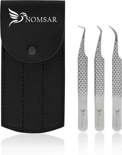 Eyelash Tweezers with Curved Fiber Tip, Precision lashes Tweezers, Stainless Steel with Diamond Grip for Volume lash Extension Application & Multipurpose (Silver)