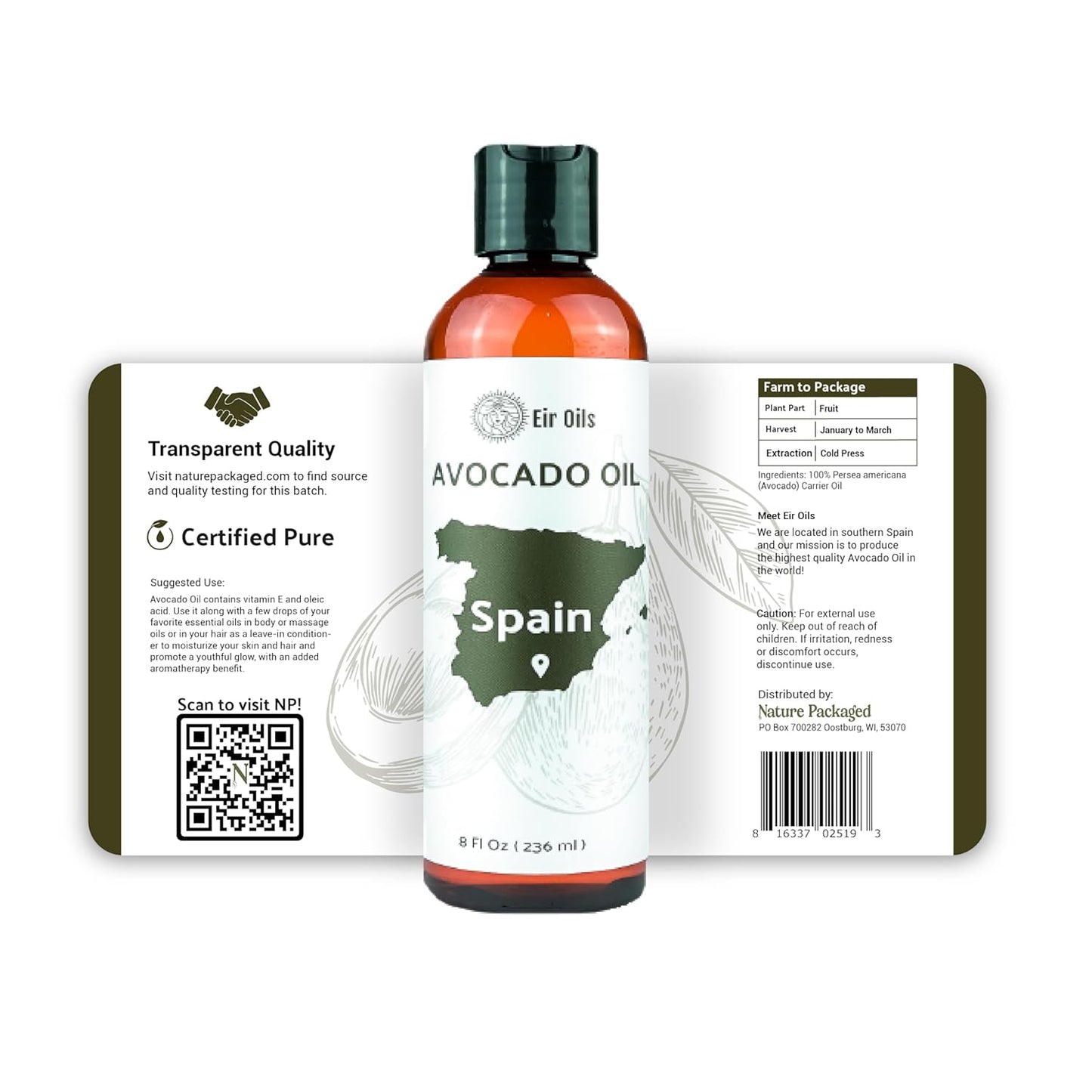 Avocado Oil - Direct from EIR Oils Farm in Spain - 100% Pure Carrier Oil for Hair, Face, and Skin - Hand-Picked, Cold-Pressed Carrier Oil - (4Gallons)