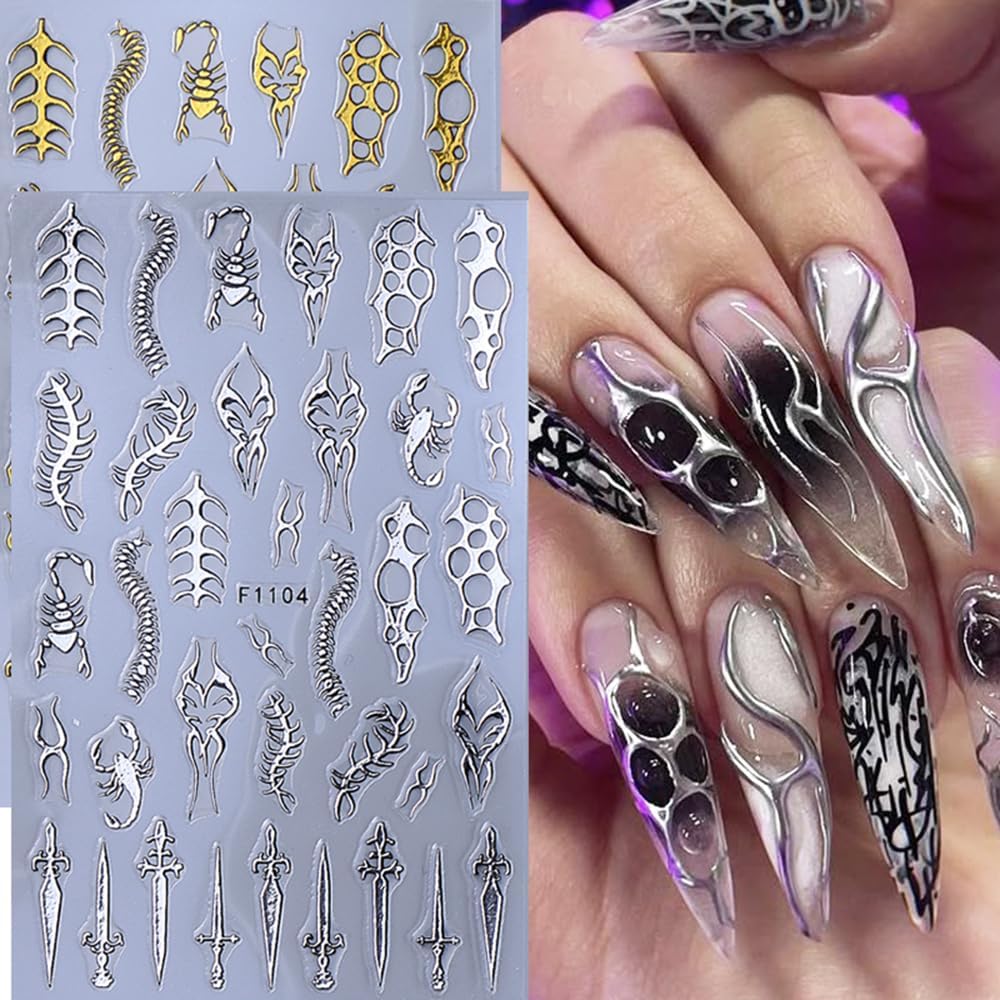 4 Sheets Goth Nail Stickers for Nail Art 3D Punk Style Black Belt Nail Art Stickers Gold Silver Flame Lines Nail Decals Self-Adhesive Centipede Thorn Vine Curves, Swords, Scorpion Patterns for Women