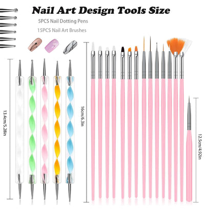 20Pcs Nail Art Brushes Tool Set, Nail Art Double-End Tools, Nail Liner Brushes, Silicone Pen Dotting Pen Tools Nail Art Kit for Home Nail Art DIY Salon Use-Pink