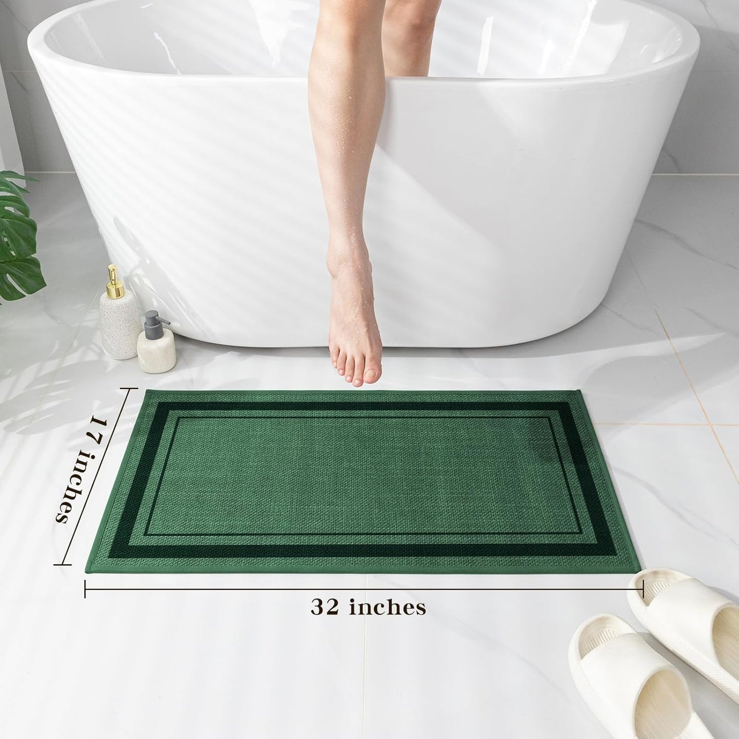 chakme Bathroom Rugs Mat 32x17, Ultra Thin Non Slip Bath Mat Quick Dry Absorbent Bath Mat for Bathroom Floor, (Dark Green, 32"x17")