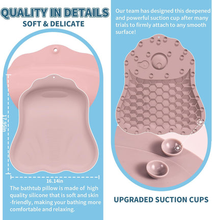 Silicone Bath Pillow for Tub – Ergonomic Bathtub Headrest with Inflatable Air Cushion, Non-Slip Suction Cups & Neck/Back Support – Comfortable Spa Bath Accessory for Relaxation (Pink)