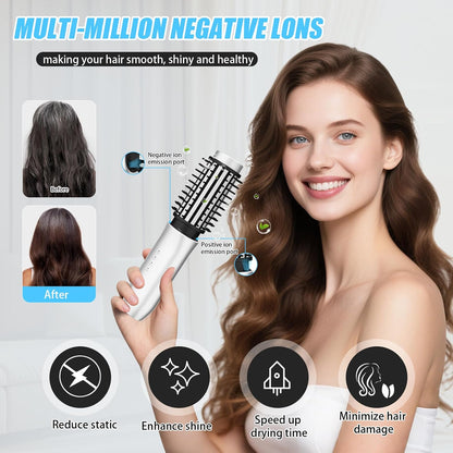 Cordless Curling Iron Brush,1.5-inch Mini Travel Curling Iron, 3-in-1 Portable Heated Round Straightening Brush, Rechargeable Curlings Irons, for Curls, Straightening, De-frizzing, and Styling, White