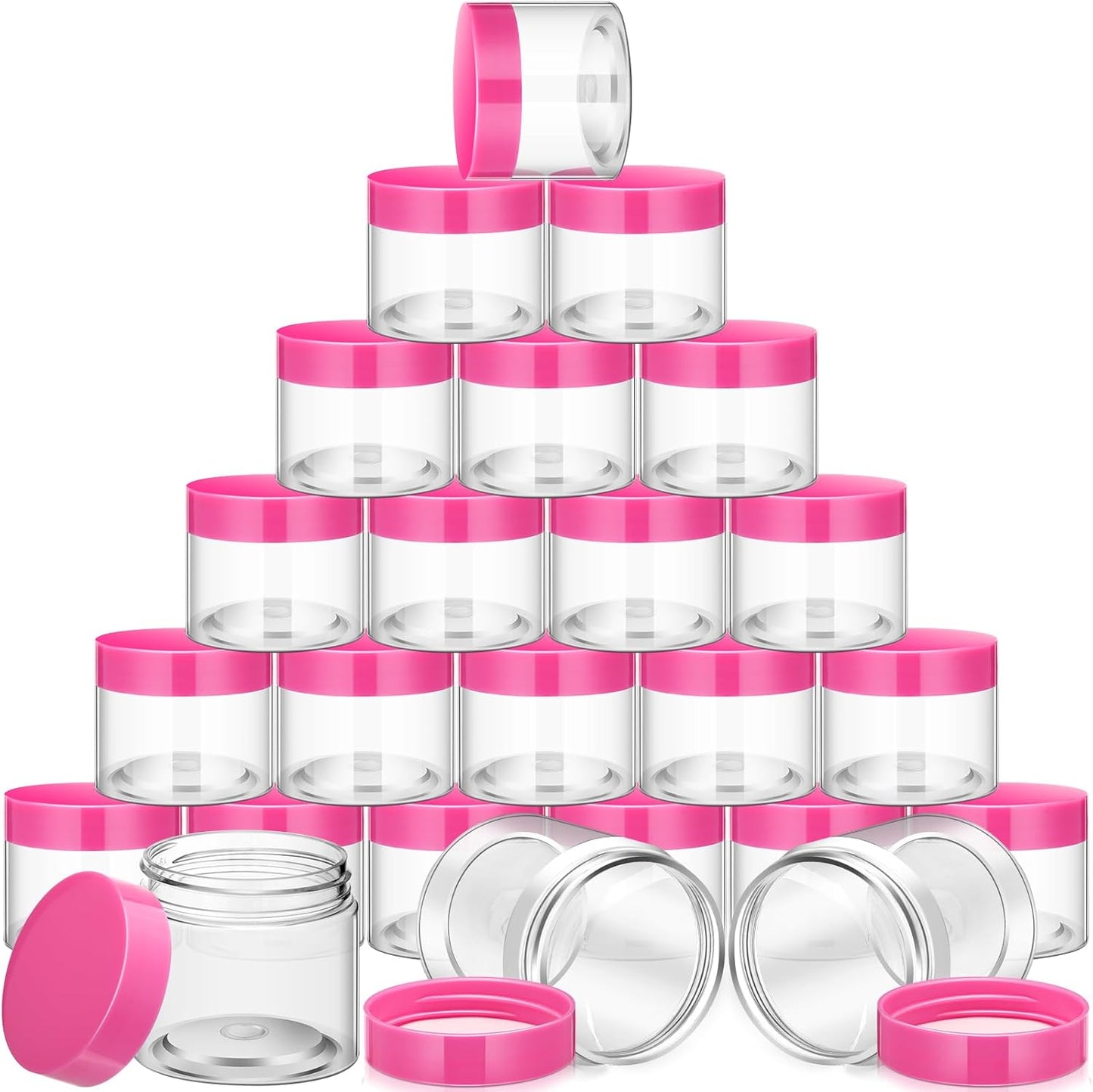 SATINIOR 24 Pieces Empty Clear Plastic Jars with Lids Round Storage Containers Wide Mouth for Beauty Product Cosmetic Cream Lotion Liquid Butter Craft and Food(Pink Lid,2 oz)