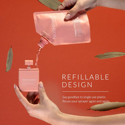 Noshinku - Refillable Hand Sanitizer Orange Coriander 3-Pack, Travel Size Spray, Hydrating Botanical Oils, Natural Ingredients, All Natural Fragrances, Sugarcane Derived Alcohol, No Parabens, No Dyes