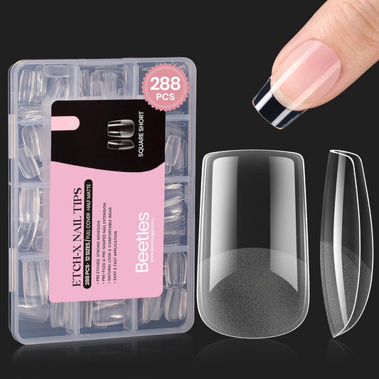 Beetles Short Square Gel Nail Tips 12 Sizes 288 PCS Half Matte Full Cover False Nails Clear Acrylic Nails Glue on Nails for Girls Women DIY Nail Extension