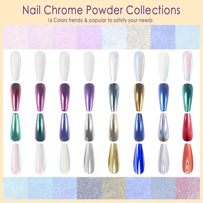 Allstarry Chrome Nail Powder 16pcs Metallic Effect Chrome Pigment Iridescent Aurora Nail Glitter Holographic Pigment Powder Mermaid Pearl Glitter Dust for Gel Polish Nail Art Decoration Resin Craft