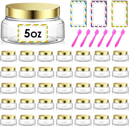 36 Pack 5 oz Plastic Cosmetic Containers With Lids Refillable Clear Empty Travle Jars Containers for Body Butter,Sugar Scrubs,Cream,Lotions,Candy, Waterproof Label&Spatulas - (Gold)