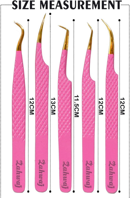 Lash Tweezers - Set of 5 Diamond Grip Eyelash Tweezers - Stainless Steel Professional Fiber Tip Lash Tweezer for Eyelash Extensions (Pink)