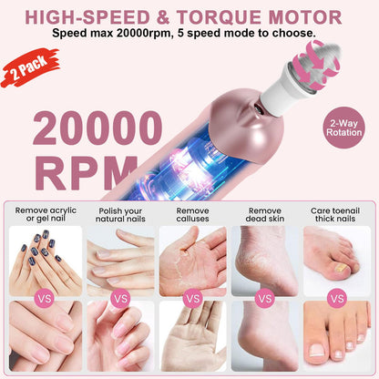 2 Pack 9-in-1 Cordless Nail Drill Nail Care with 100 Bits, 5 Speeds, Home & Salon Ready,Pink