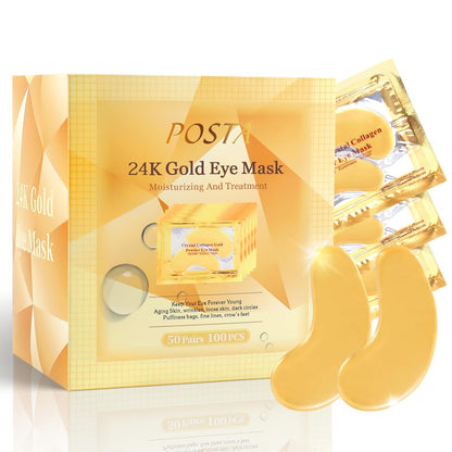 50 Pairs 24K Gold Eye Mask, Collagen Under Eye Mask for Dark Cirlce, Puffiness, Refresh, Revitalizing, Travel, Wrinkles, Eye Patches Luxury Gift for Women & Men