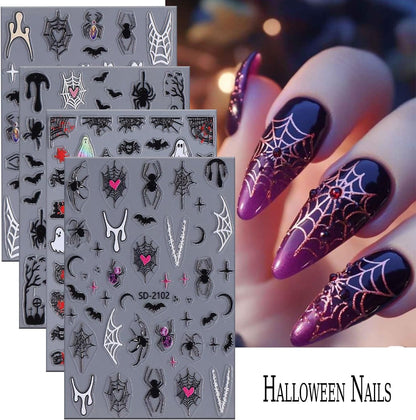 6 Sheets Halloween Nail Art Stickers 3D Self -Adhesive Ghost Bat Spider Nail Decals Holographic Spider Web Skeleton Blood Drop Nail Stickers Halloween Nail Decoration for Women Manicure Supplies