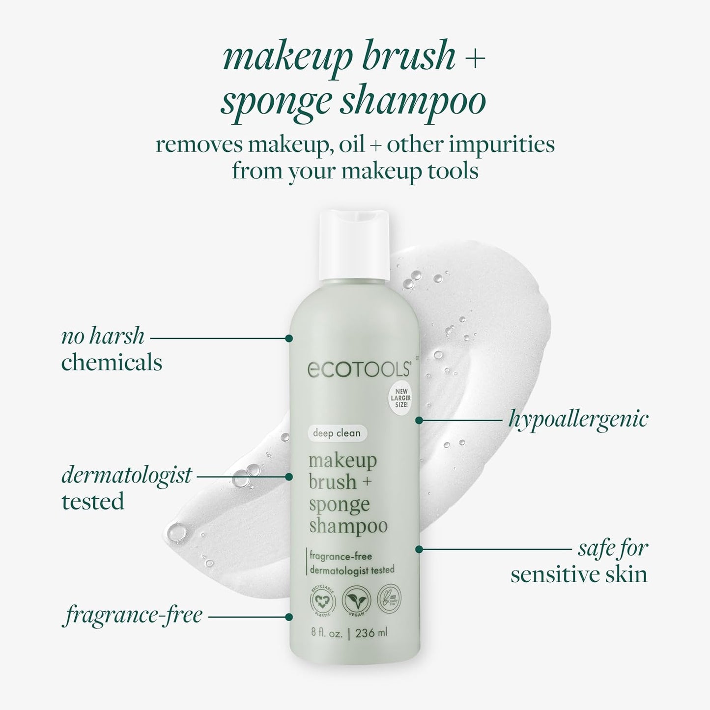 EcoTools Cleanser Shampoo for Makeup Brush/Sponge/Puffs, Remove Makeup & Impurities, Fragrance-Free, No Harsh Chemicals, Vegan & Cruelty-Free, 6 fl.oz./177 ml, 1 Count