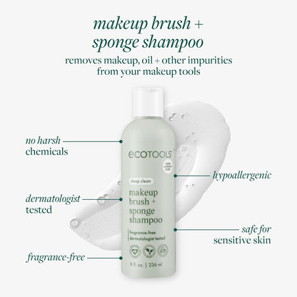 EcoTools Makeup Brush + Sponge Shampoo, Remove Makeup & Impurities From Tools, Sponges, & Puffs, Fragrance-Free Brush Cleanser, No Harsh Chemicals, Vegan, & Cruelty-Free, 8 fl. oz./236 ml. Bottle