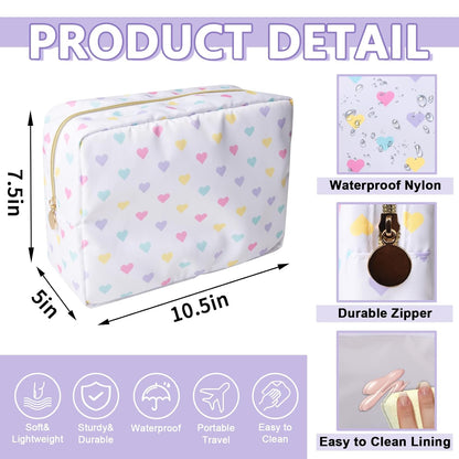 Large Makeup Bag Pouch, Nylon Women Travel Toiletry Storage Bag Big Makeup Organizer Bag for Girls, Preppy Cosmetic Bag Cute Zipper Pouch Skincare Bag for Sport School Work Gift(Large-White Heart)