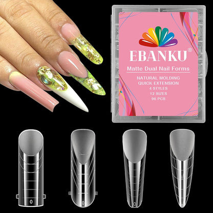 EBANKU Poly Gel Nail Forms 96PCS Clear Matte Dual Nail Forms Polygel Full Cover Nail Mold for Acrylic Nail Extension 12 Sizes 4 Styles Poly Gel Nail Art Salon Nails