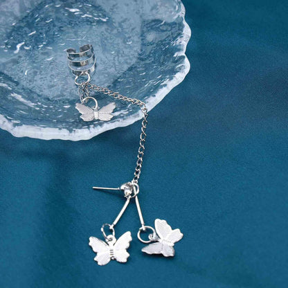 Silver Butterfly Chain Tassel Cuff Earrings Vintage Long Butterfly Hinge Dangle Drop Earrings Single Butterfly Ear Clips Statement Butterfly Crawler Cuff Earrings Jewelry for Women Girls